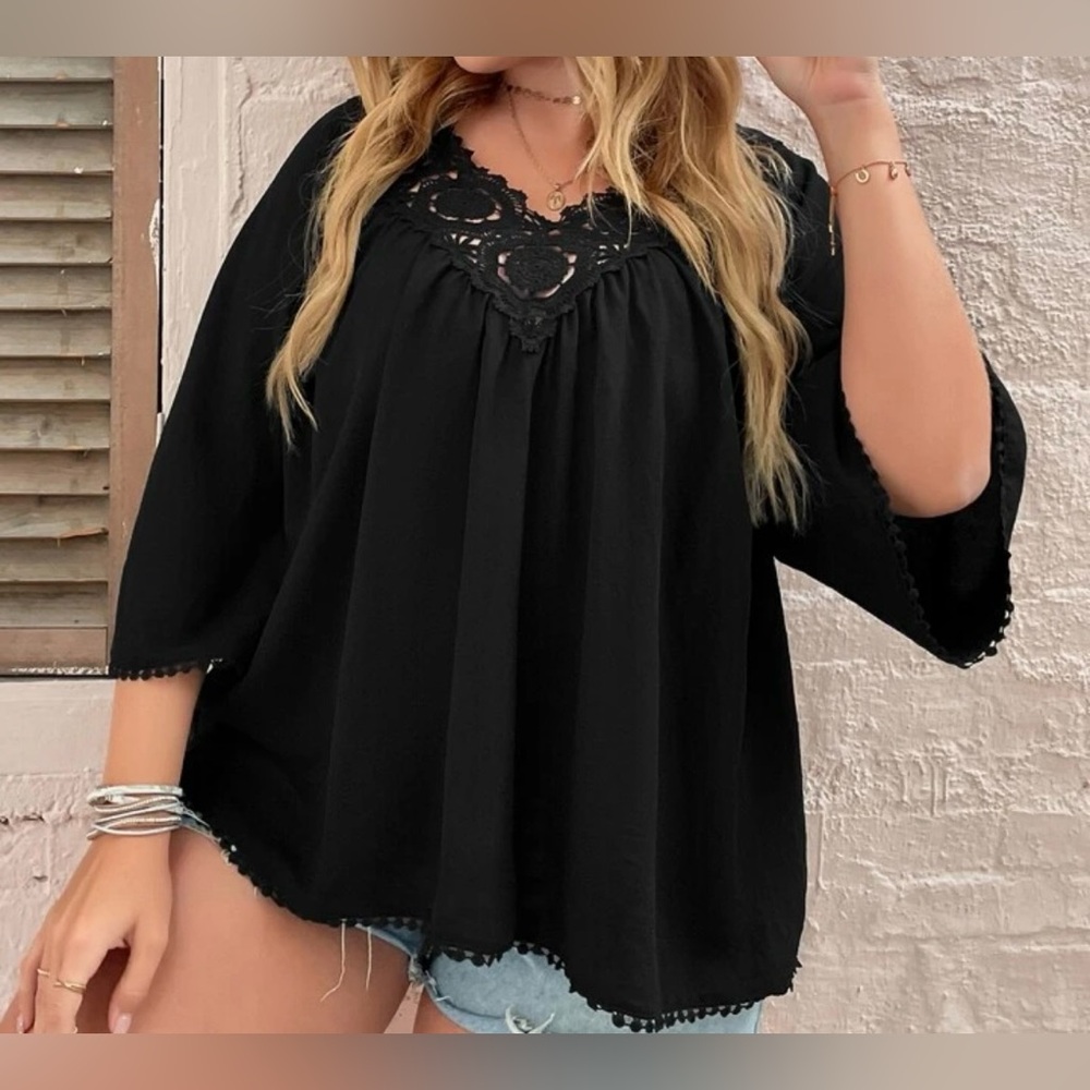 NEW 1 XL SHEIN LUNE Plus Contrast Guipure Lace Panel Bell Sleeve Blouse